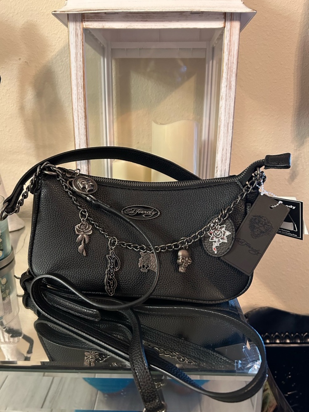 Ed Hardy Black Charm Shoulder/crossbody Bag with Silver Accents